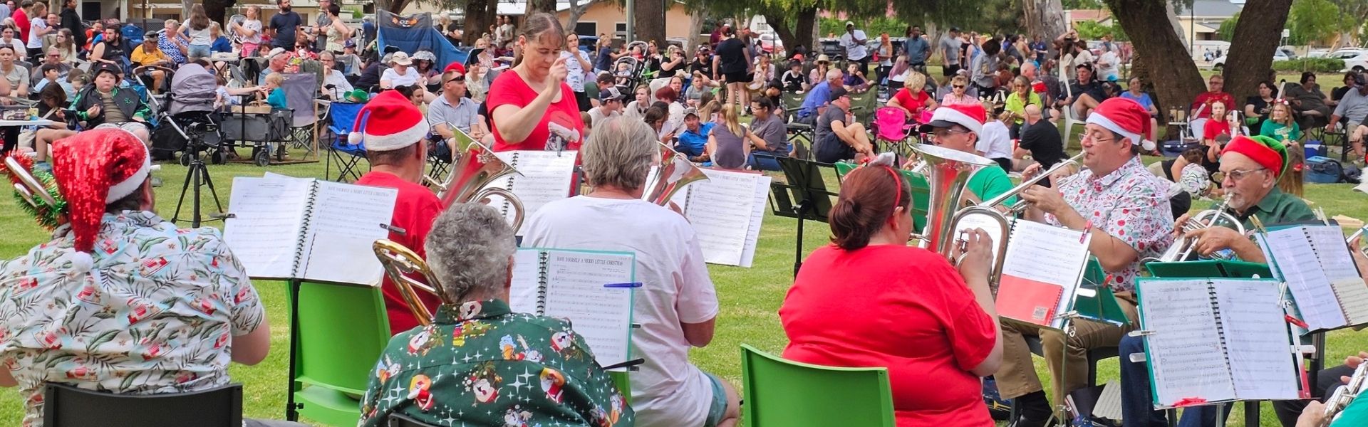 orchestra playing music facing a large crowd of people in the park