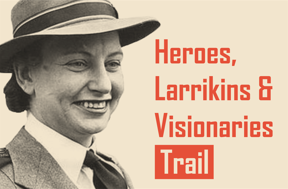Vivian Bullwinkle black and white portrait with the words Heroes larrikans and Visionaries Trail
